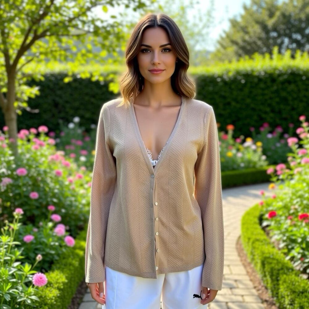 Grace Dane Lewis Cardigan Sweater L Gold Silver Metallic Long Sleeve Button Up